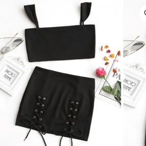 Crop Top And Lace Up Skirt Set - Black S